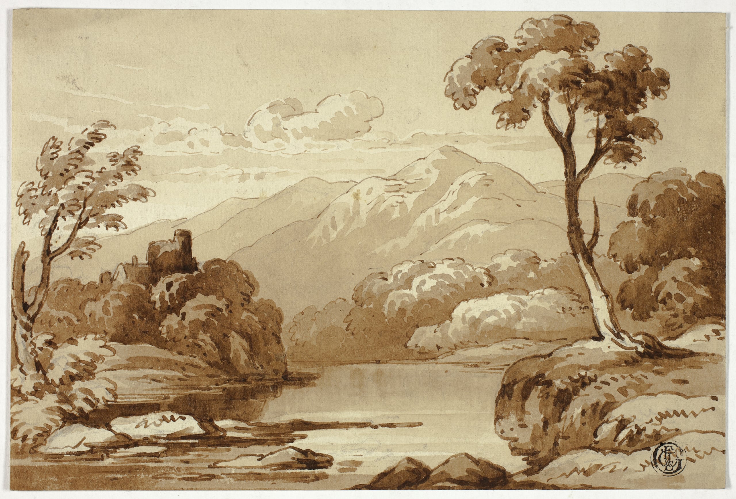 Berglandschap met rivier (Robertson) aan de muur in een interieur