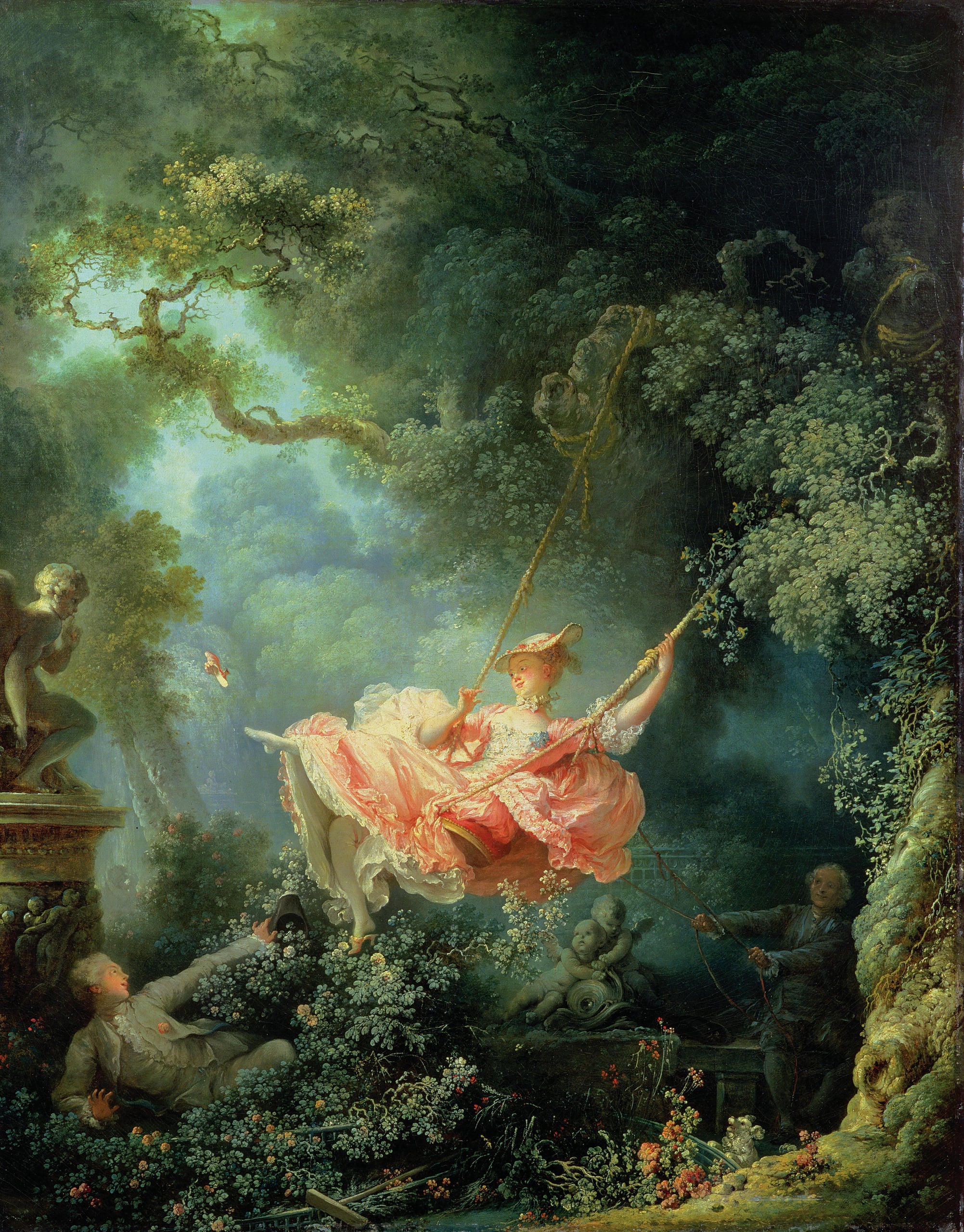 De schommel (Fragonard) aan de muur in een interieur