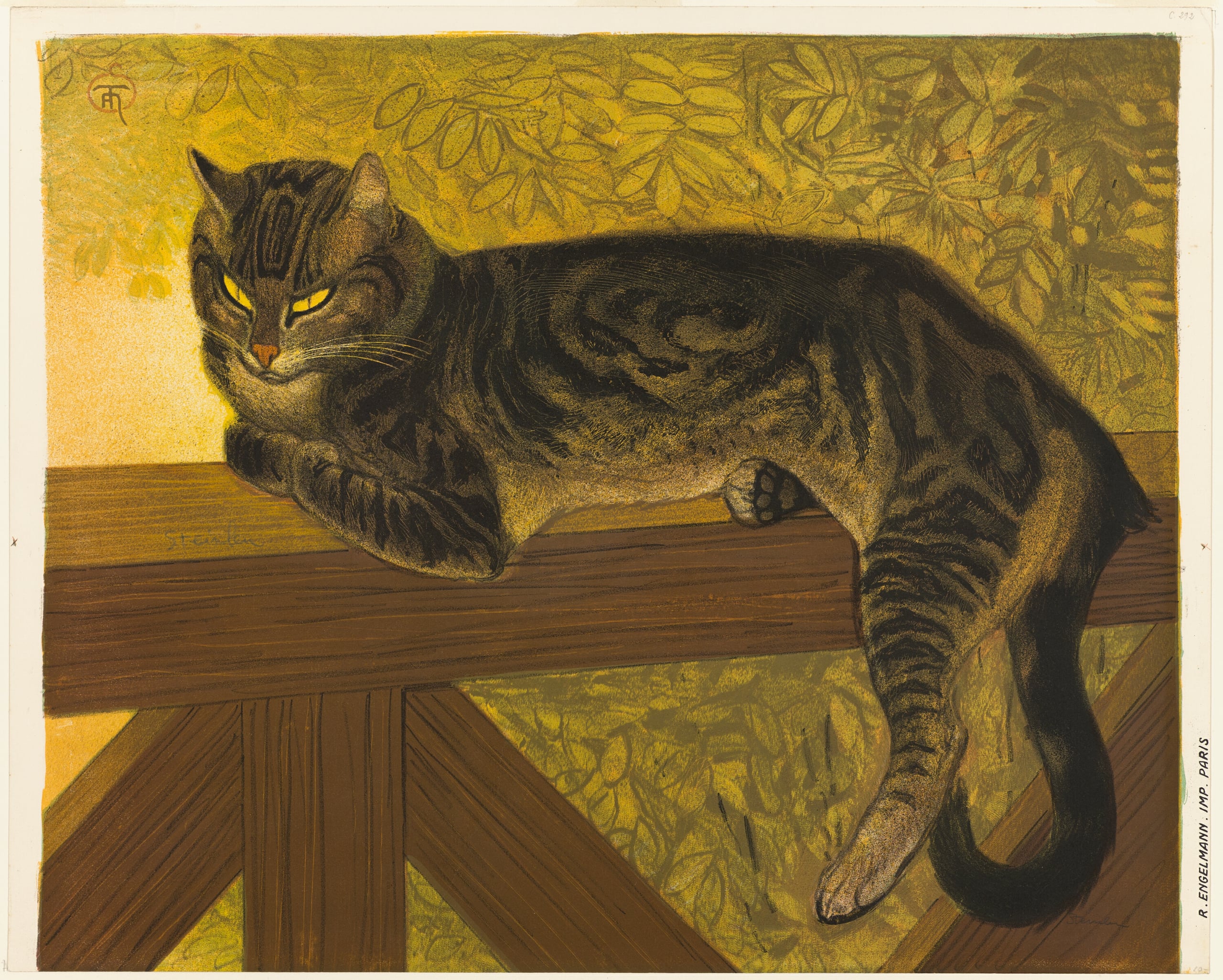 Kat op de balustrade (Steinlen) aan de muur in een interieur