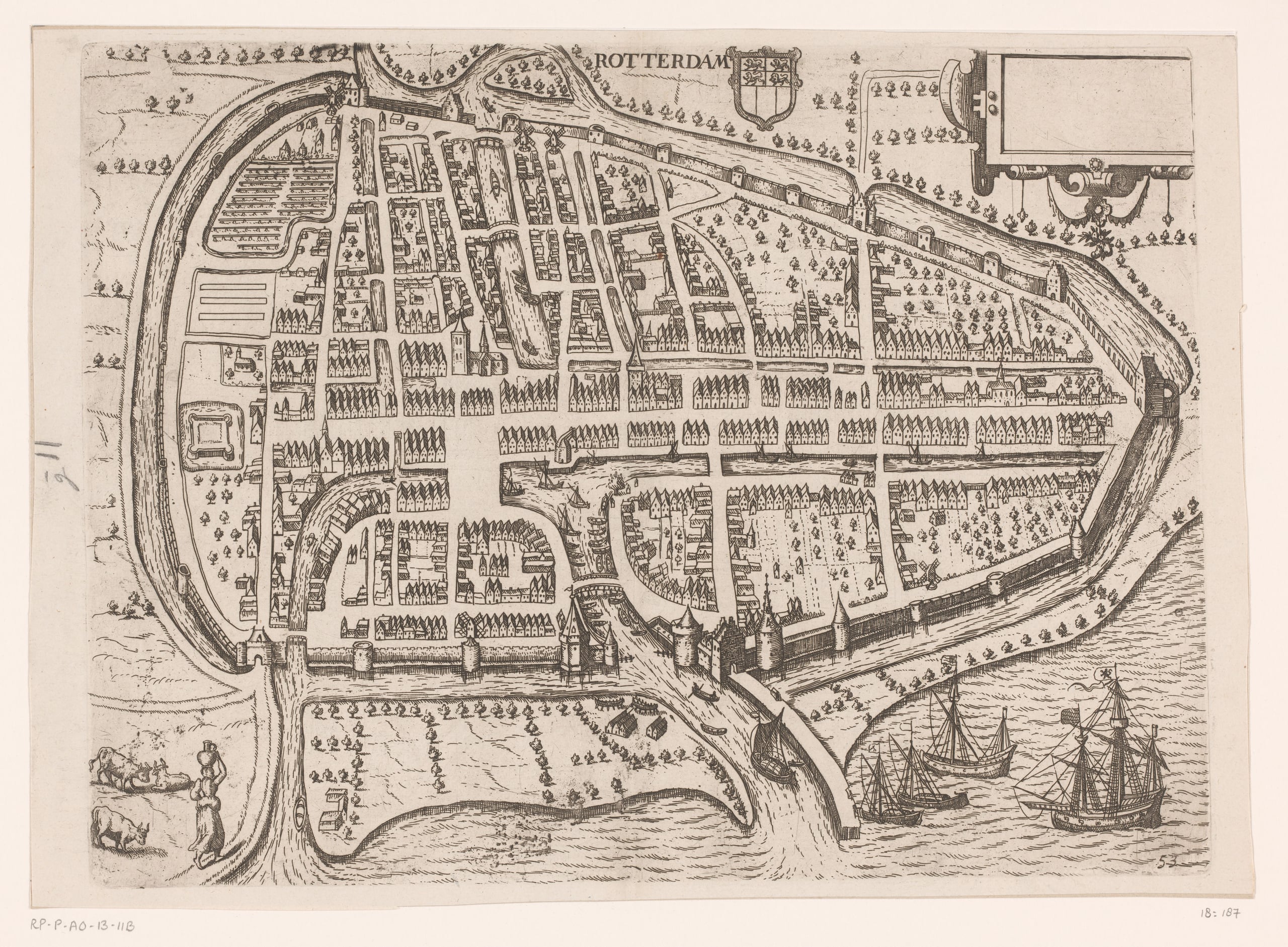 Plattegrond van Rotterdam (17e eeuw) aan de muur in een interieur