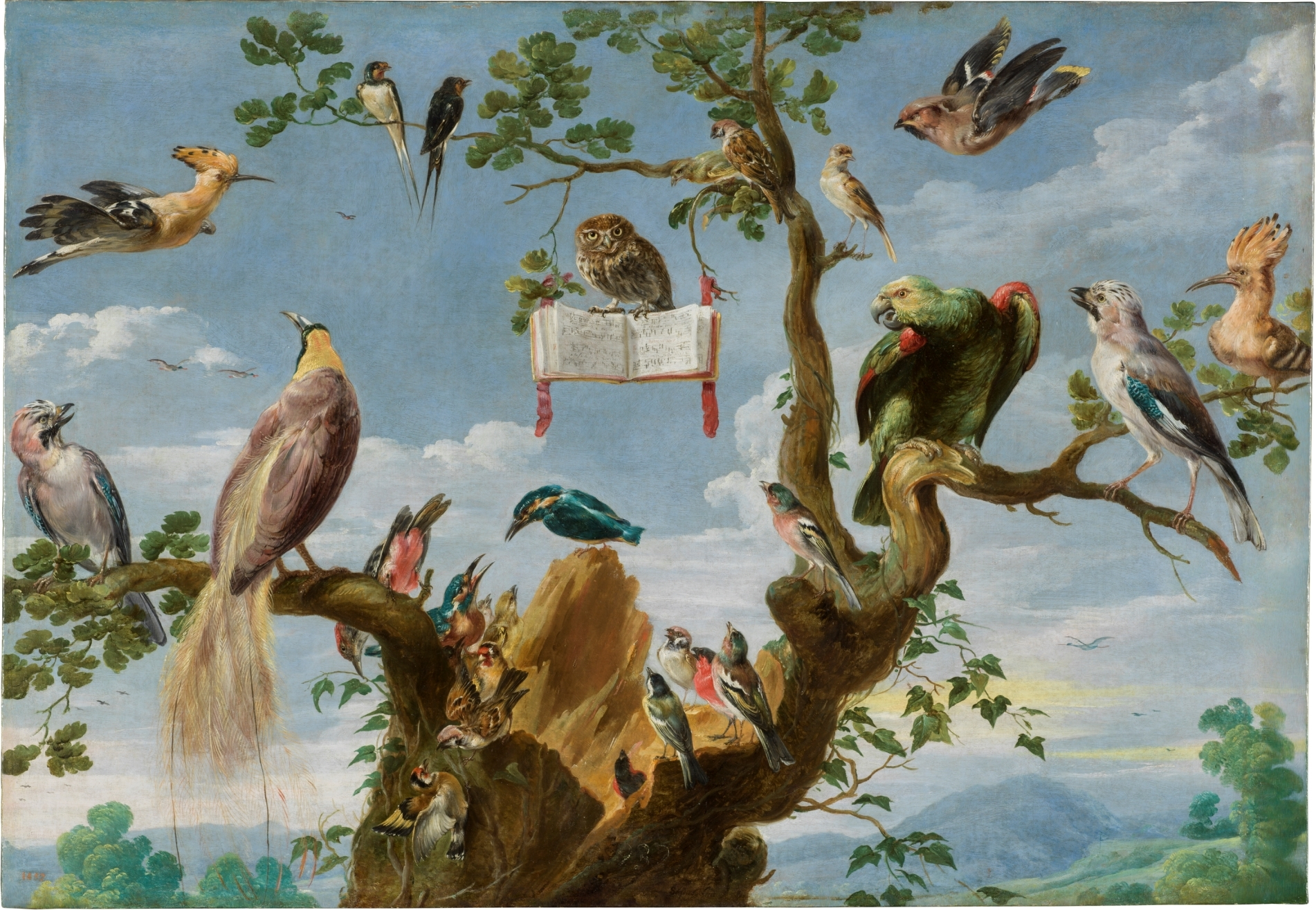Vogelconcert (Snyders) aan de muur in een interieur