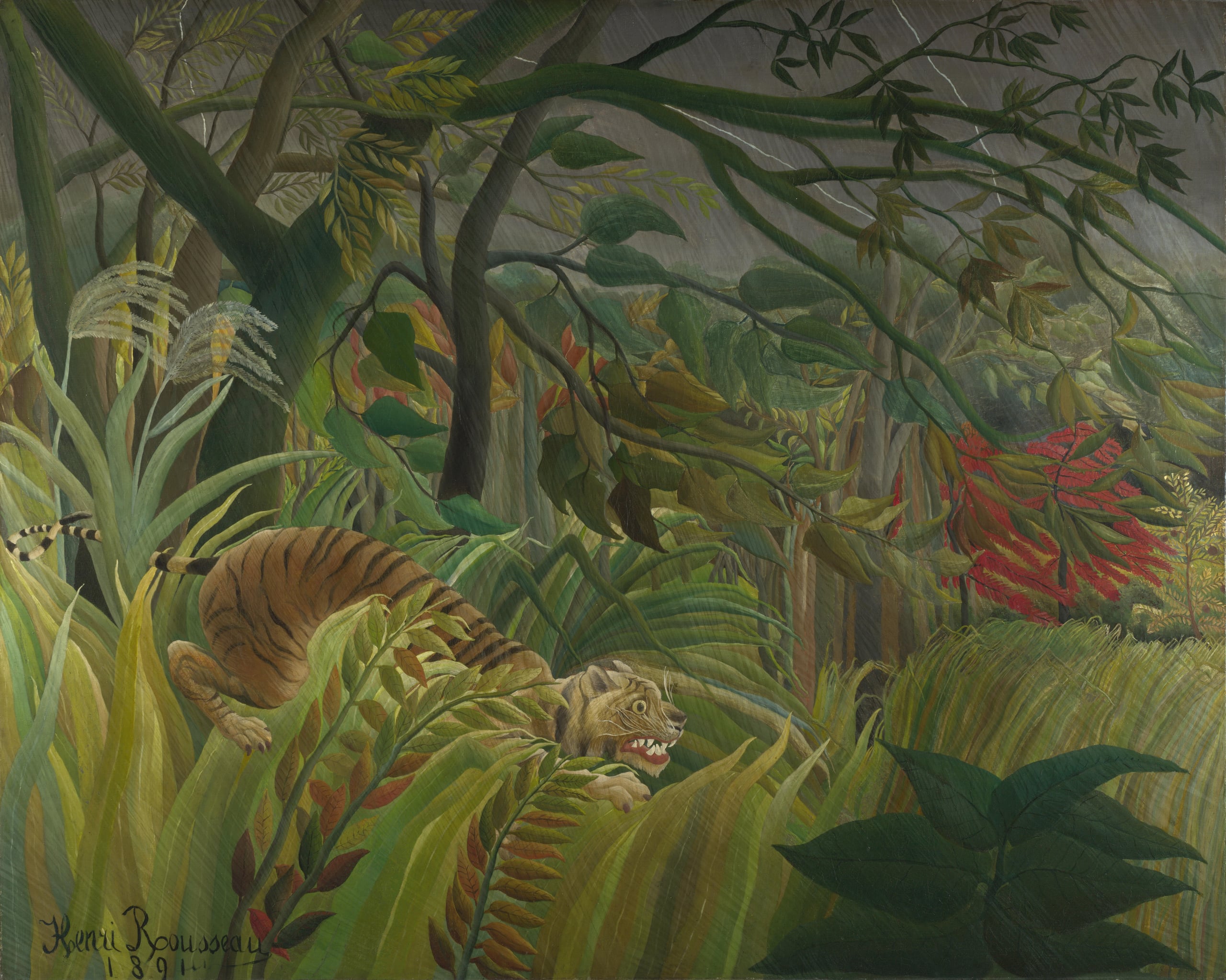 Tijger in een tropische storm (Rousseau) aan de muur in een interieur